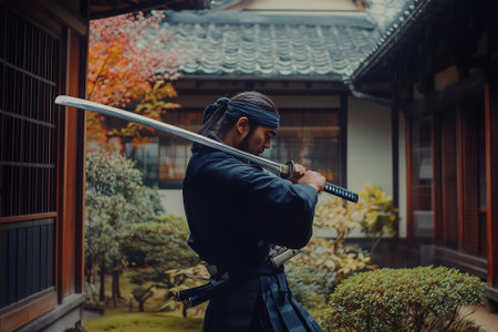 A skilled samurai is meticulously practicing various sword techniques in a beautifully serene garden setting. Generative AIの素材