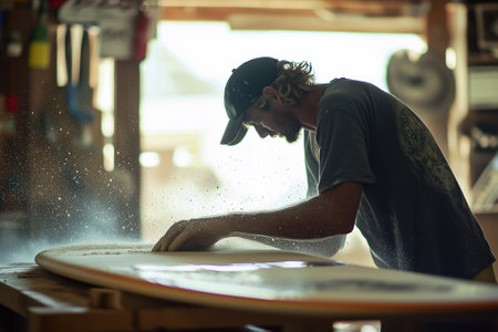 Craftsman meticulously shapes a high-quality surfboard in a picturesque workshop by the scenic beachside. Generative AIの素材