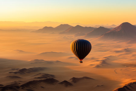 A vibrant, colorful hot air balloon gracefully rises over a stunning desert landscape during the beautiful sunrise. Generative AIの素材