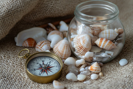 A decorative arrangement of seashells and a compass on burlap, perfect for coastal themes in any space. Generative AIの素材