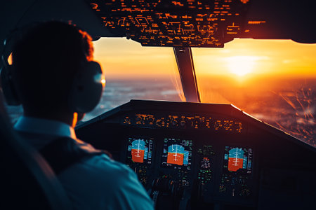 A stunning cockpit view beautifully showcasing a skilled pilot flying high during a vibrant and colorful sunset. Generative AIの素材