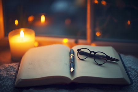 A tranquil scene with a stylish notebook, elegant pen, glasses, and soft candles for relaxation and comfort. Generative AIの素材