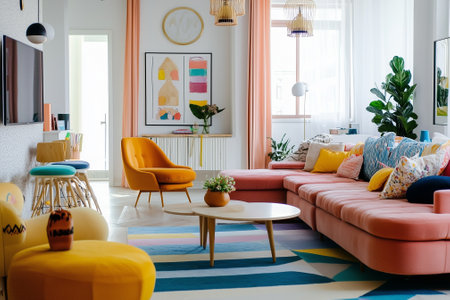 A vibrant, cozy living room adorned with modern furniture pieces and featuring colorful accents throughout the space. Generative AIの素材