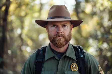 A solitary sheriff stands in a mysterious and fog-covered forest, embodying the essence of authority and wilderness. Generative AIの素材