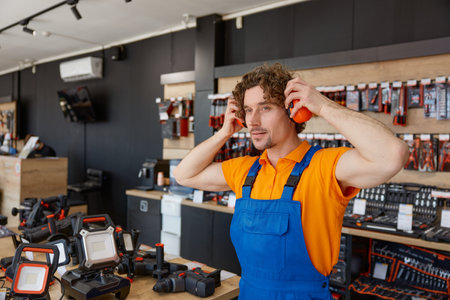 Hardware store assistant wearing protective noise-cancelling headphonesの写真素材