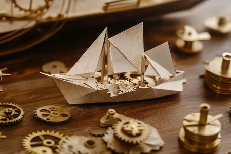 A crafted paper ship sits among intricate golden steampunk gears, showcasing a blend of art and engineering. Generative AIの素材