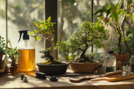 Tools and plants necessary for proper bonsai care, improving your gardening skills effectively. Generative AIの素材