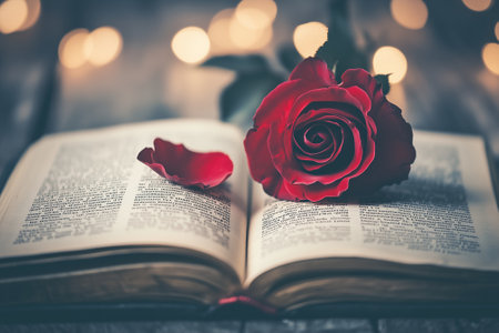 A stunningly vibrant red rose gently resting upon an open book, effortlessly creating a cozy and romantic atmosphere. Generative AIの素材