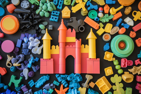 Brightly colored plastic building blocks come together to create a whimsical castle for engaging imaginative play. Generative AIの素材