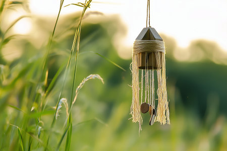A beautifully crafted wind chime, adorned with delicate details, capturing natures beauty in warm sunlight. Generative AIの素材