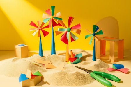 Colorful pinwheels in a sandbox inspire creativity and crafting in children during playtime and exploration. Generative AIの素材