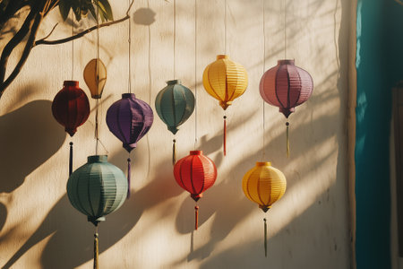 Paper lanterns lit by warm sunlight create a cheerful atmosphere with charming shadows around. Generative AIの素材