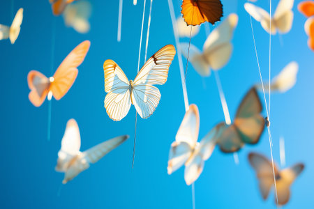 Collection of butterfly wings delicately pinned onto thin wires, suspended in a floating formation to mimic flight against a bright blue background. Generative AIの素材