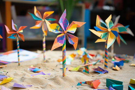 Colorful pinwheels in a sandbox inspire creativity and crafting in children during playtime and exploration. Generative AIの素材