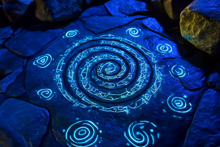 Spiral formation of polished stones, each etched with tiny symbols and glowing under black light on a smooth slate surface. Generative AIの素材