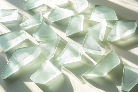 The scattered shards of greenish broken glass reflect soft light beautifully, creating a truly unique aesthetic. Generative AIの素材