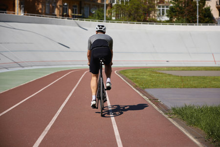 Back view man bicyclist riding triathlon bike on empty velodrome road