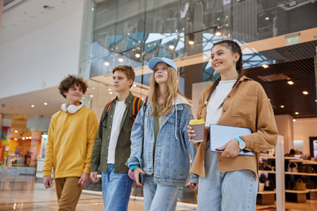 Relaxed teenage friends sitting on bench of big shopping city center