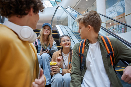 Carefree teenagers group riding escalator in shopping mallの写真素材