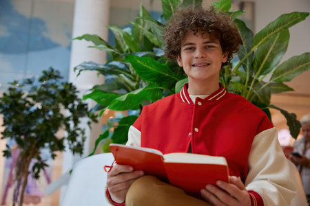 Happy teenage boy reading book while rest in shopping mall