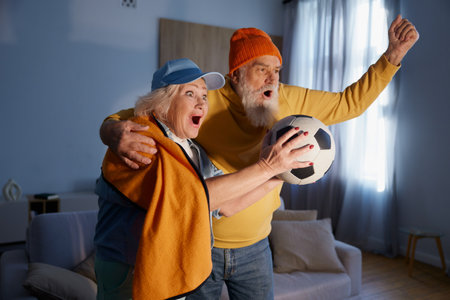 Overjoyed elderly couple watching football match on tvの写真素材