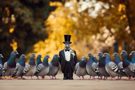 Pigeons wear colorful festive decorations, including a charming tuxedoed bird. Generative AIの素材