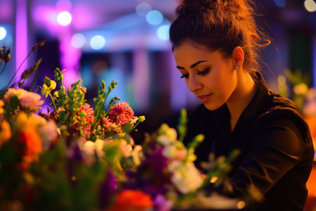 A woman artfully arranges stunning flowers and candles at an elegantly set table for a memorable event. Generative AIの素材