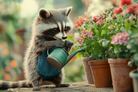 A raccoon joyfully tending to vibrant flowers in a beautiful garden, showcasing natures beauty in bloom. Generative AIの素材