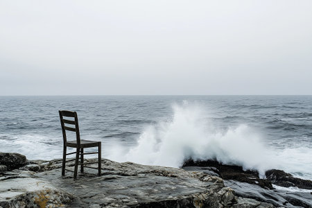 A solitary, quaint chair stands perched upon the rugged rocky shores, with turbulent ocean waves crashing nearby. Generative AIの素材