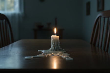 A warm candle softly flickers on an inviting wooden table, creating a peaceful, tranquil atmosphere at sunset. Generative AIの素材