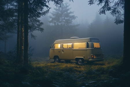 A serene scene of a vintage camper van nestled in a foggy forest, creating a cozy and welcoming vibe. Generative AIの素材