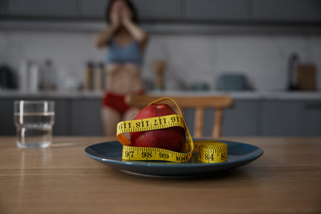 Tired with measuring tape showcasing big problemの写真素材