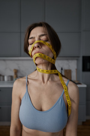Woman face wrapped with measuring tape cropped closeup side viewの写真素材