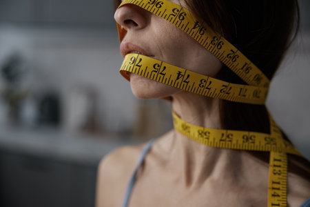 Woman face wrapped with measuring tape cropped closeup side viewの写真素材