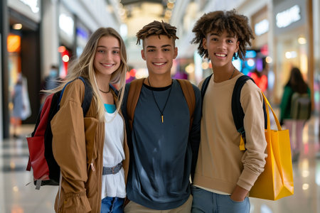 Teen friends in shopping mall. Smiling teenagers spending time in big city store. Generative AIの素材