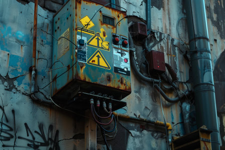 Power electrical transformer with warning signs in an urban area. Yellow cover on blurred background. Generative AIの素材