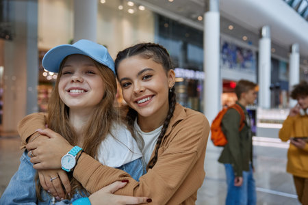 Happy teenage girls friends hugging while posing over shopping centerの写真素材