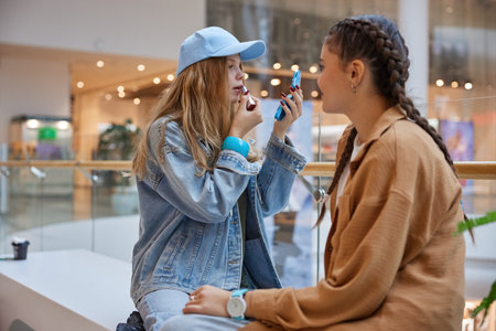 Teenage girls friends using lipstick and applying makeup in the shopping mallの写真素材