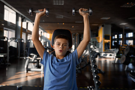 Teen boy lifting dumbbells enjoying sportive workout at gymの写真素材