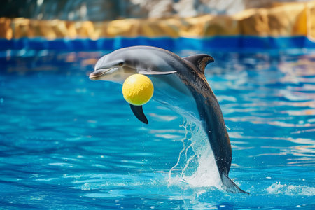 Adorable dolphin performing a trick with a ball in a marine park, natural daylight, playful mood. Beautiful animal playing alone. Generative AIの素材