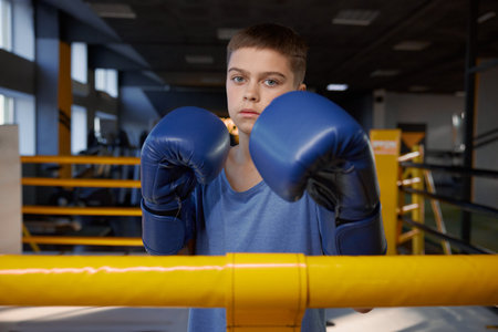 Teenage boy boxer wearing gloves inside boxing ring posing for cameraの写真素材