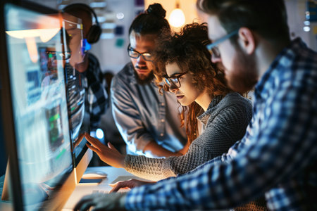 Programmers working with servers in an office setting, analyzing data with software interfaces. Group of workers using their gadgets for work. Generative AIの素材