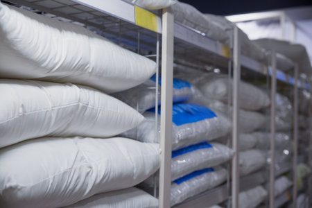 Shelving system features an organized arrangement of packed pillows within a storage facilityの写真素材