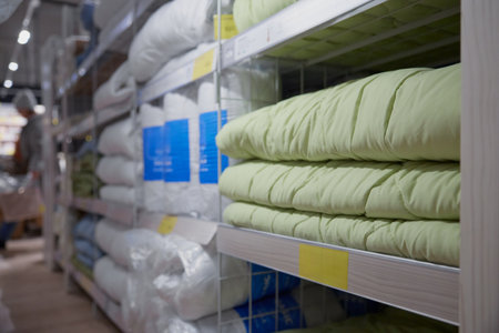 Long row of shelves packed with blankets and pillows in a storeの写真素材