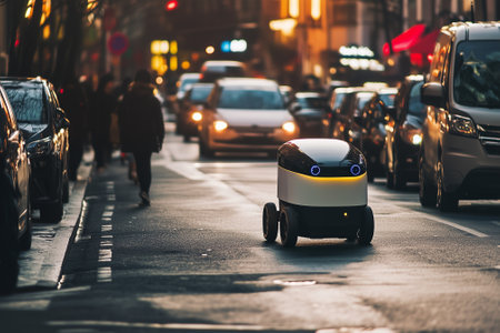 An autonomous delivery robot navigating through a busy street, capturing its sensors and advanced AI technology detecting obstacles around it. Generative AIの素材