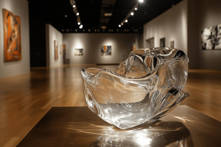 A stunning glass sculpture is showcased in a modern art gallery filled with vibrant artworks and paintings. Generative AIの素材