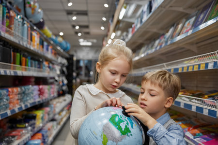 Little children choosing globe earth model at stationery storeの写真素材