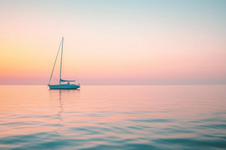 Small sailboat glides across the calm waters at sunset, beautifully reflecting in the stillness of the evening. Generative AIの素材