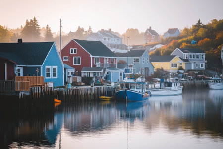 Quaint seaside village, with fishing boats docked in the harbor, colorful houses lining the shore, and the soft glow of the morning sun. Generative AIの素材