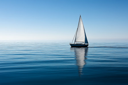 Sailboat gracefully glides smoothly across the tranquil blue waters on a beautiful sunny day. Generative AIの素材
